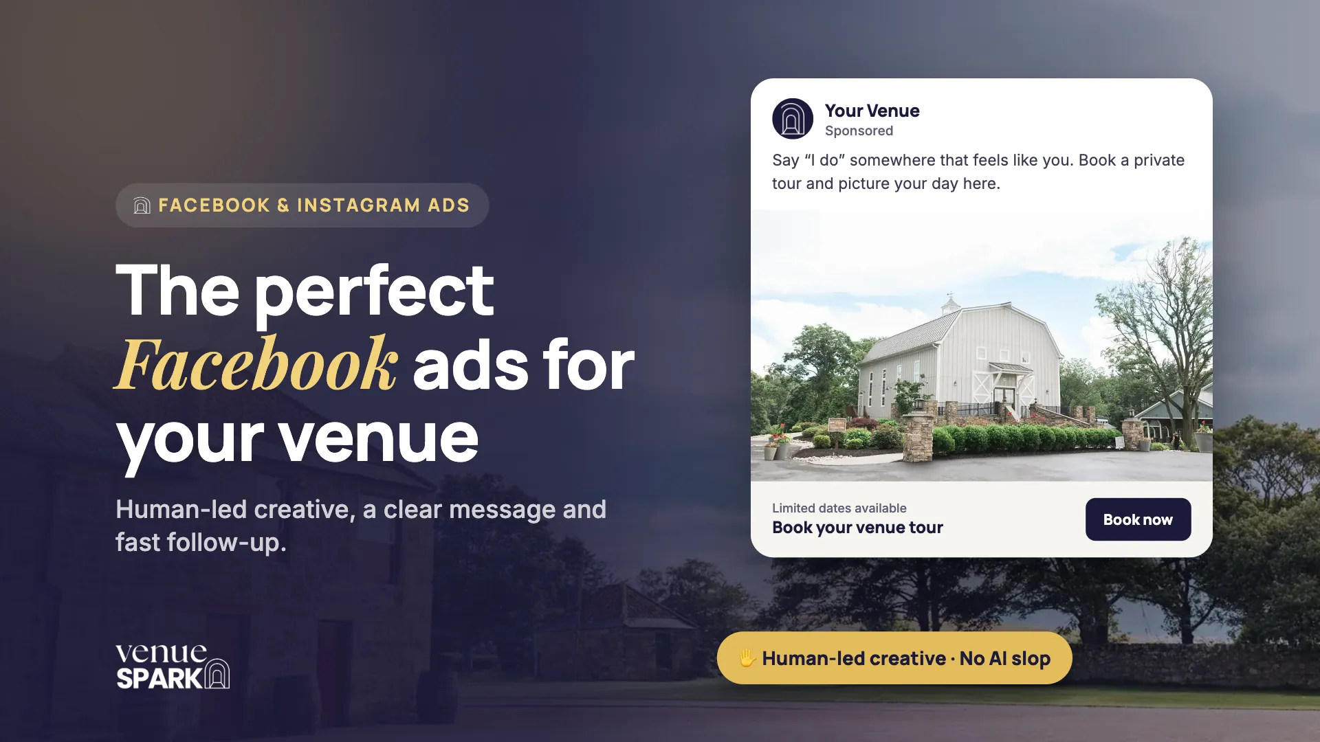 A Facebook ad for a wedding venue with a book-a-tour button, made with human-led creative