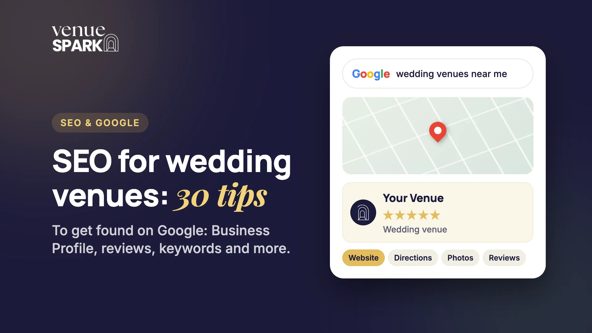 A Google search for wedding venues near me showing a venue's Google Business Profile with a five-star rating